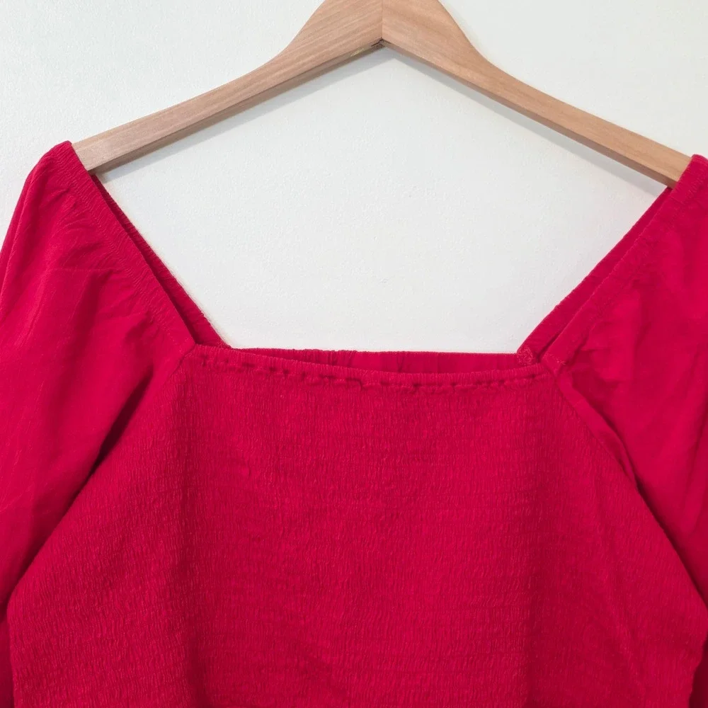 Old Navy Smocked Crepe Top Sz XL Long Puff Sleeve Red Square Neck